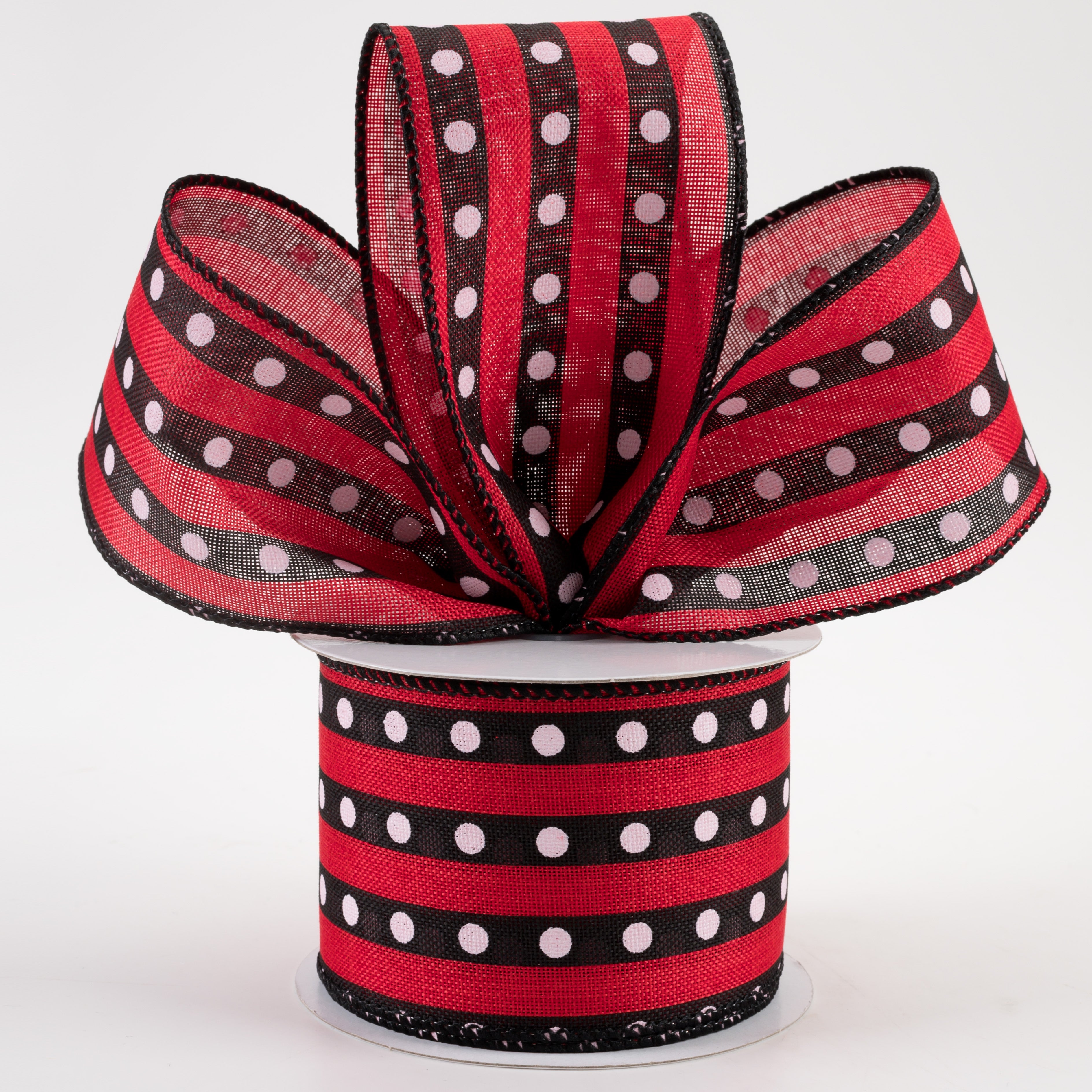 2.5" Dot Stripe Linen Ribbon: Black, Red, White (10 Yards)