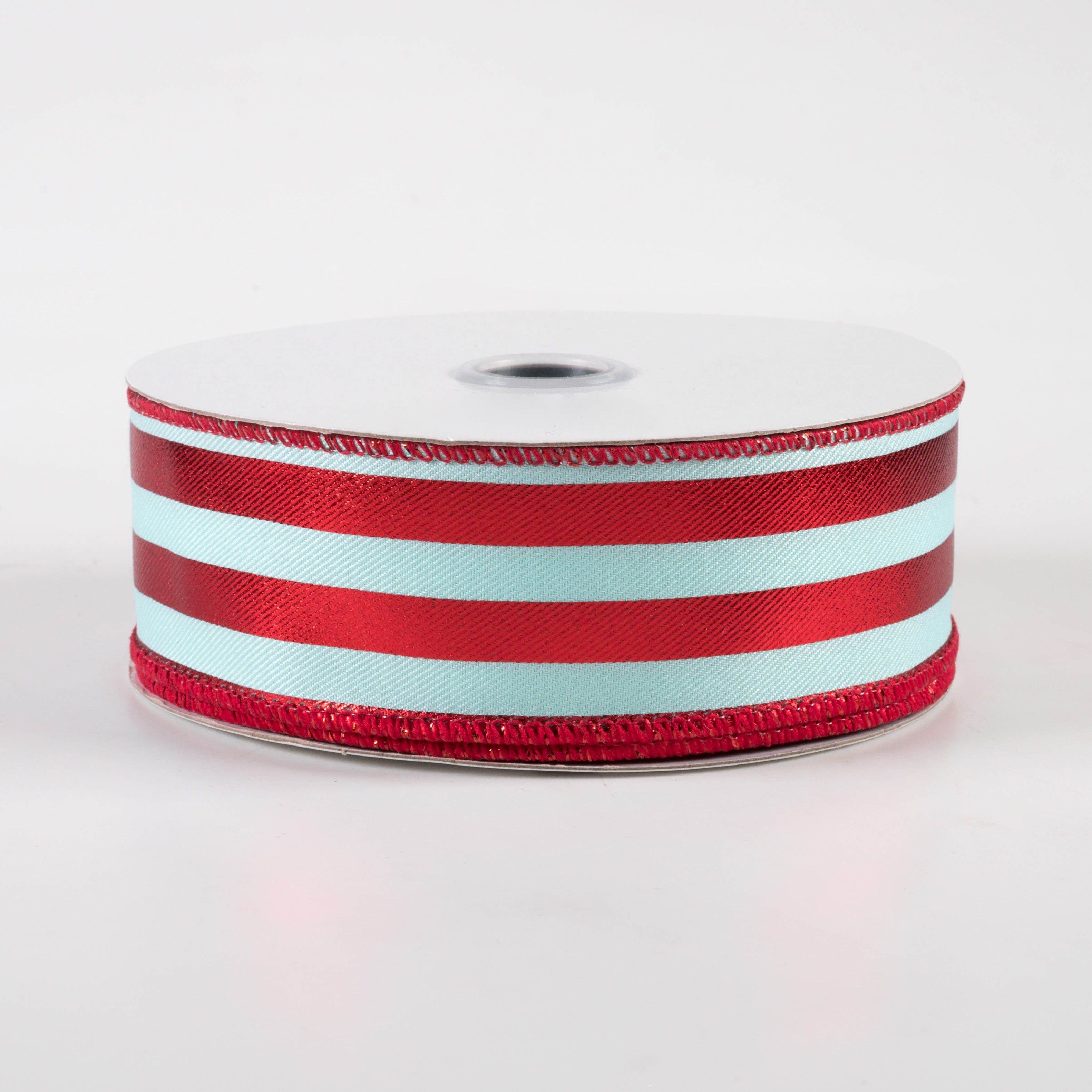 1.5" Metallic Vertical Stripes Ribbon: Ice Blue & Red (10 Yards)