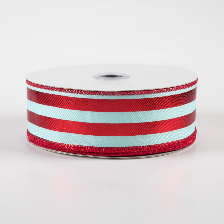 1.5" Metallic Vertical Stripes Ribbon: Ice Blue & Red (10 Yards)