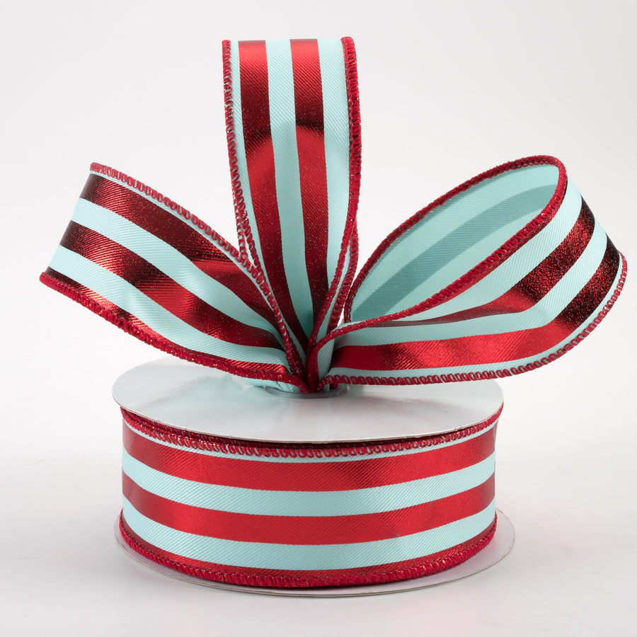 1.5" Metallic Vertical Stripes Ribbon: Ice Blue & Red (10 Yards)