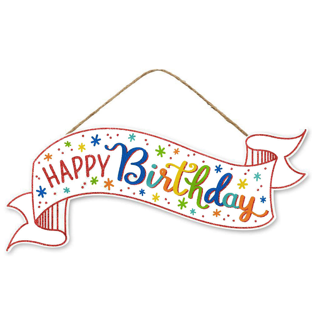 15" Wooden Banner Sign: Primary Colors Glitter Birthday