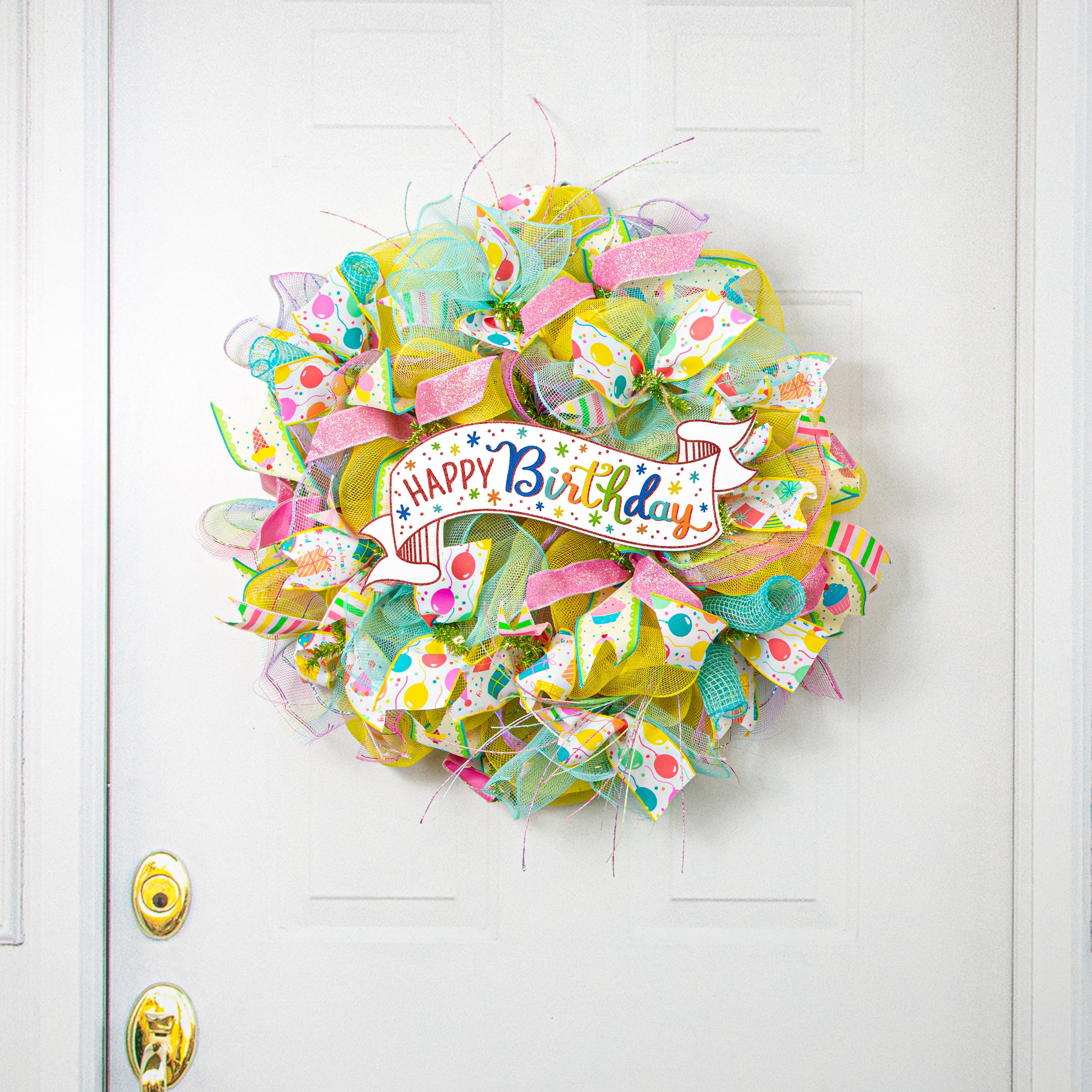 15" Wooden Banner Sign: Primary Colors Glitter Birthday