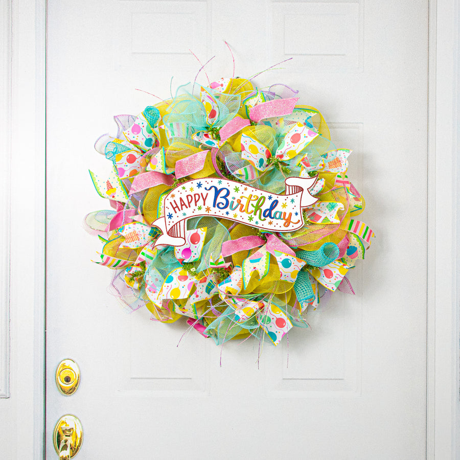 15" Wooden Banner Sign: Primary Colors Glitter Birthday
