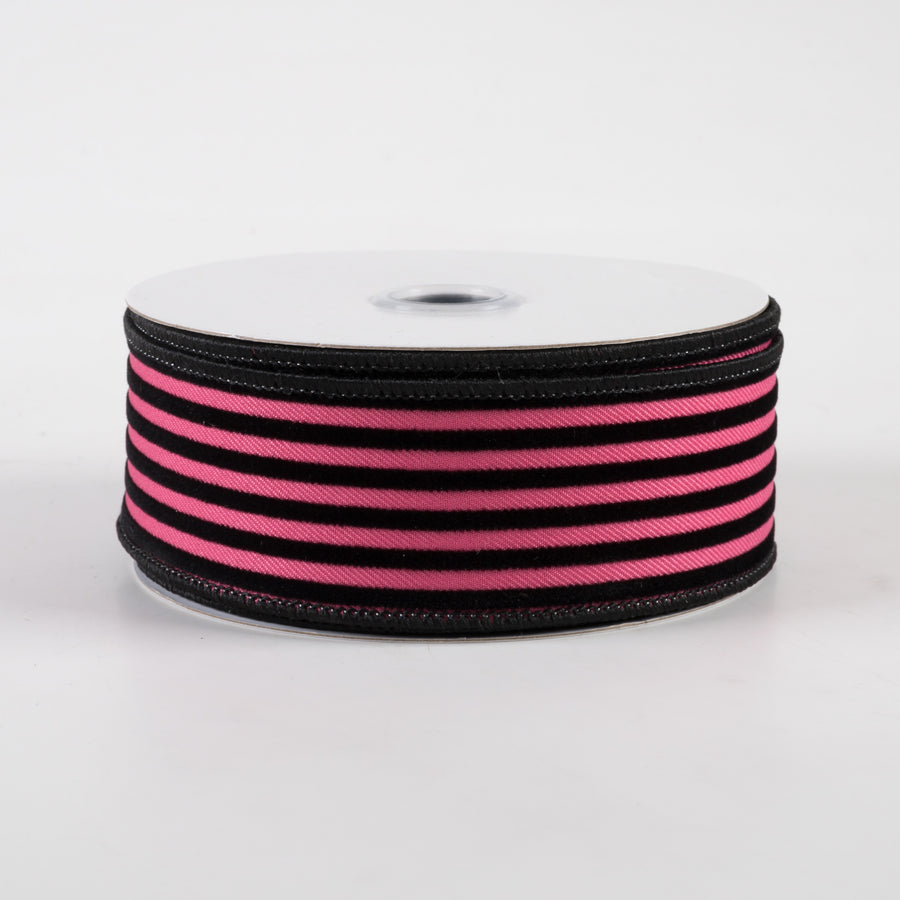 1.5" Velvet Vertical Thin Lines Ribbon: Hot Pink & Black (10 Yards)
