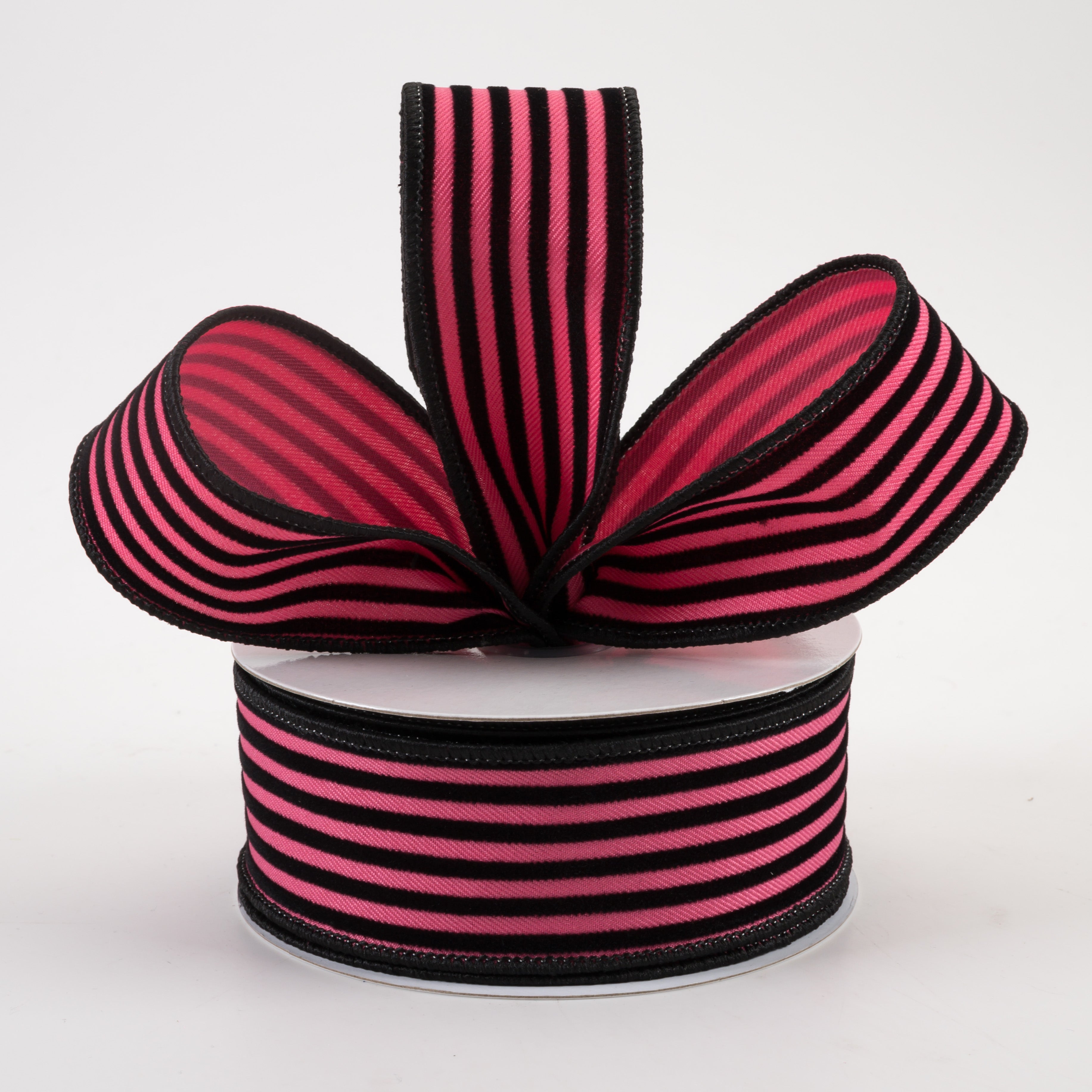 1.5" Velvet Vertical Thin Lines Ribbon: Hot Pink & Black (10 Yards)