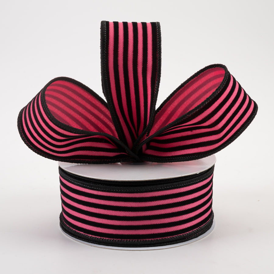 1.5" Velvet Vertical Thin Lines Ribbon: Hot Pink & Black (10 Yards)