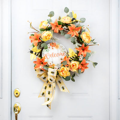 9.4" Round Waterproof Sign: Welcome Floral Bees