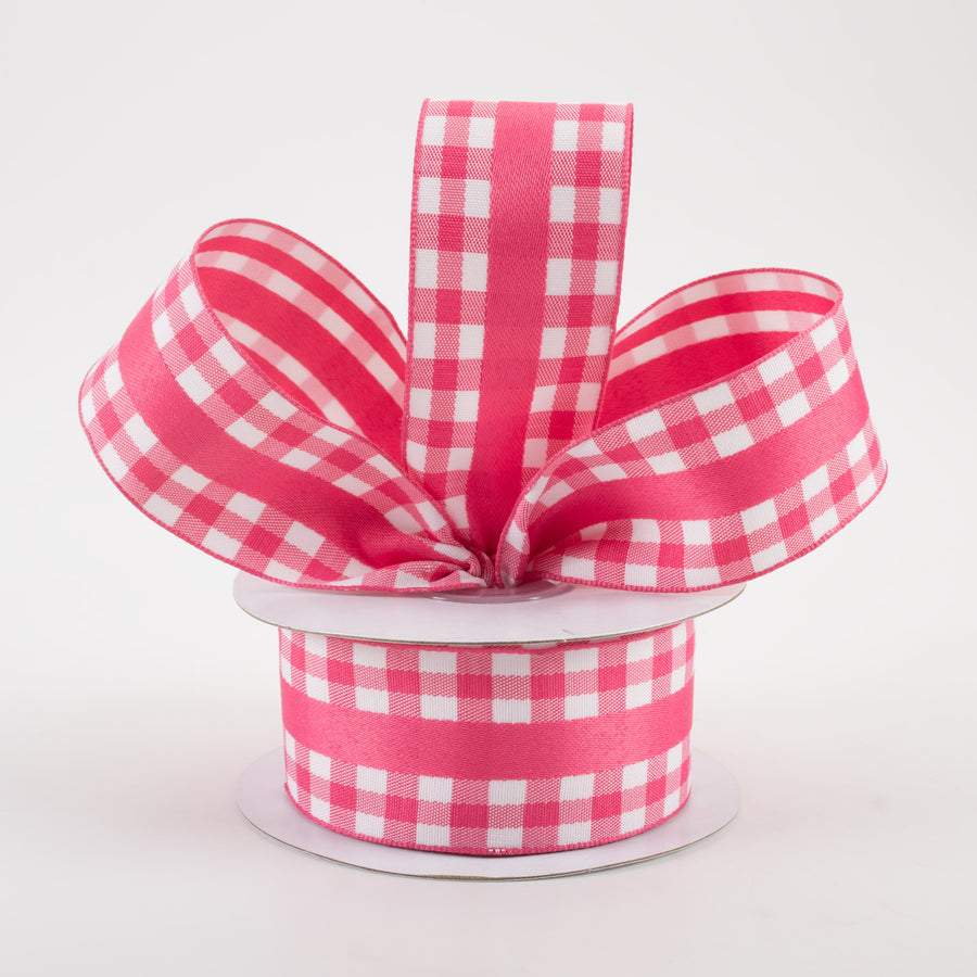 1.5" Mini Gingham With Center Stripe Ribbon: Hot Pink & White (10 Yards)