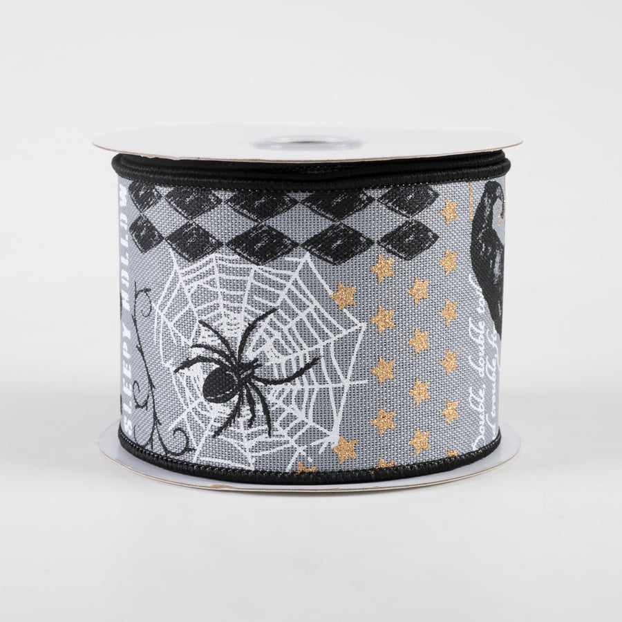 2.5" Vintage Halloween Ribbon: Grey, Black, Gold (10 Yards)