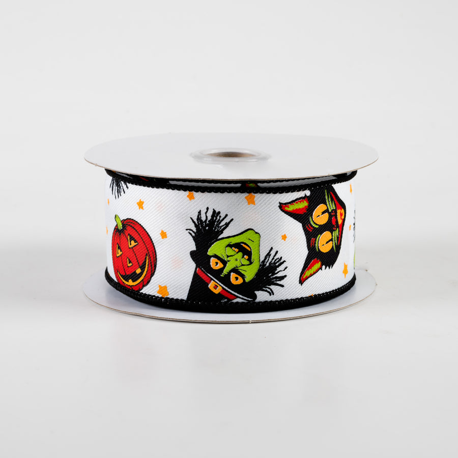 1.5" Vintage Cat, Witch, Jack-O-Lantern Ribbon: White (10 Yards)