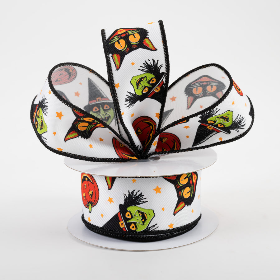 1.5" Vintage Cat, Witch, Jack-O-Lantern Ribbon: White (10 Yards)