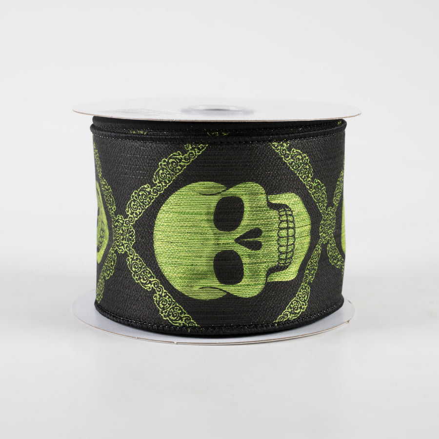 2.5" Metallic Skulls Ribbon: Black & Lime (10 Yards)