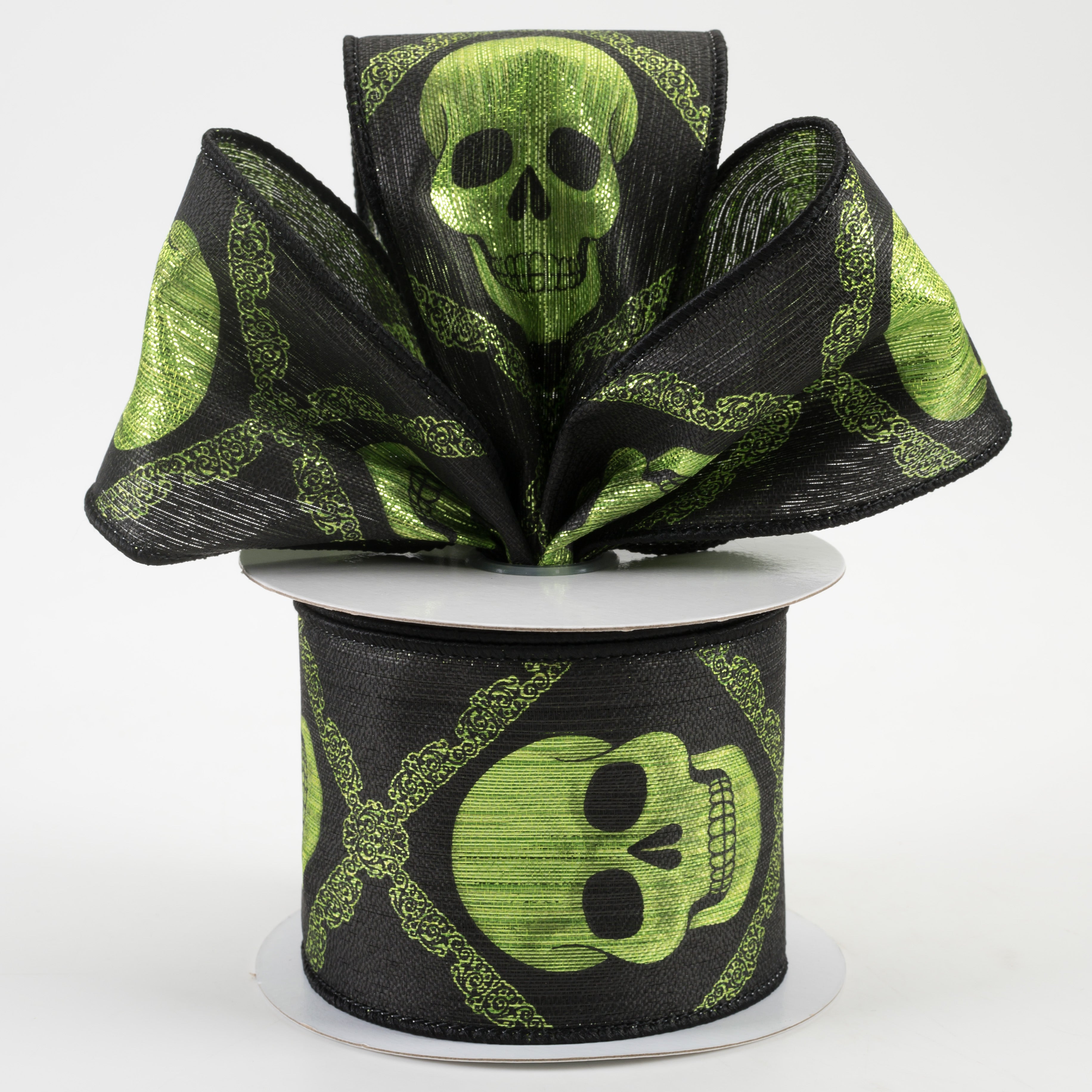 2.5" Metallic Skulls Ribbon: Black & Lime (10 Yards)