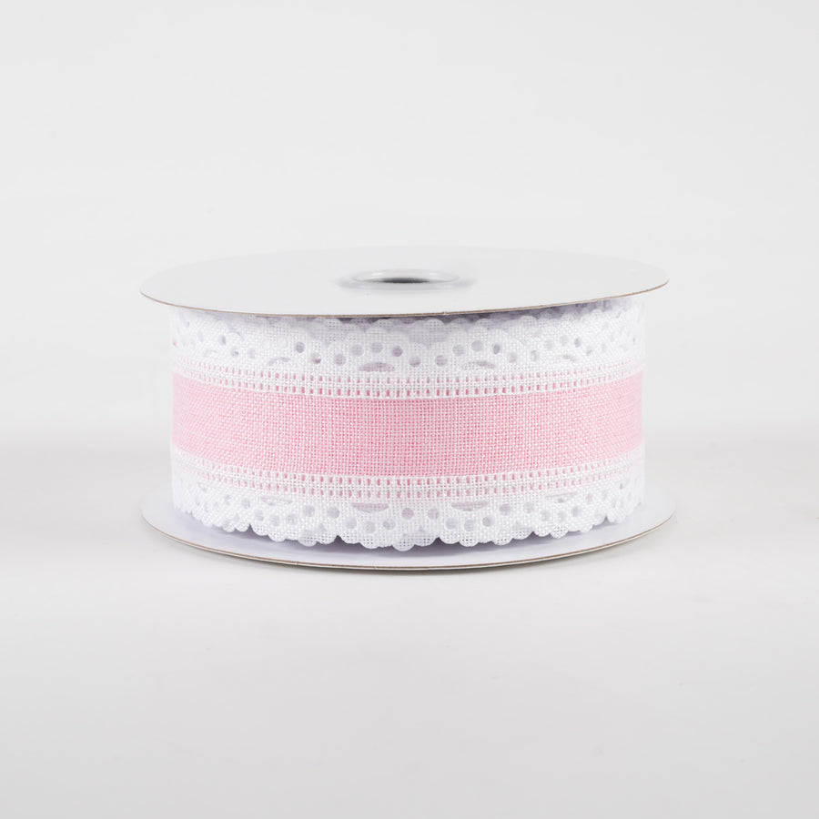 1.5" Scalloped Edge Ribbon: White & Light Pink (10 Yards)