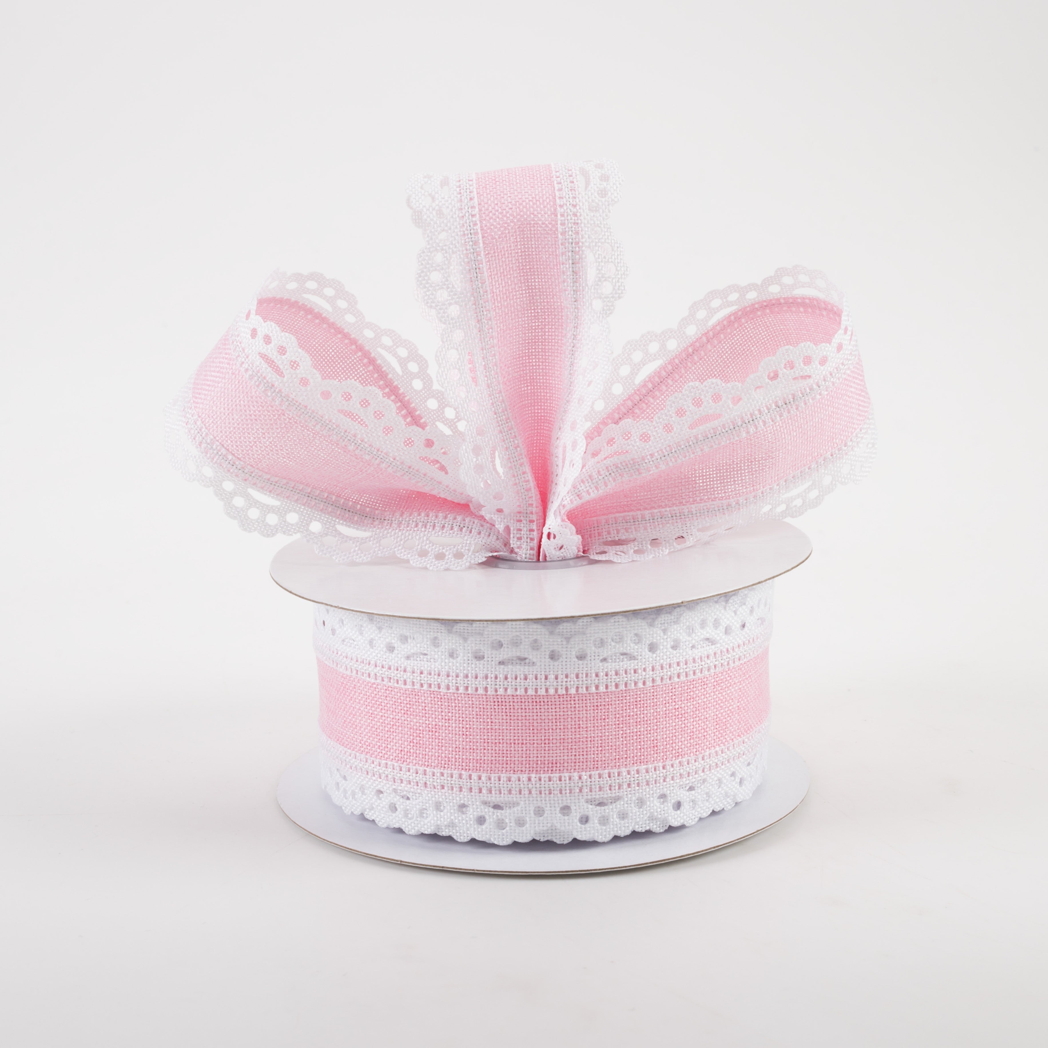 1.5" Scalloped Edge Ribbon: White & Light Pink (10 Yards)