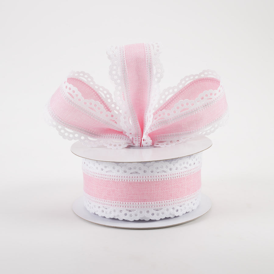 1.5" Scalloped Edge Ribbon: White & Light Pink (10 Yards)