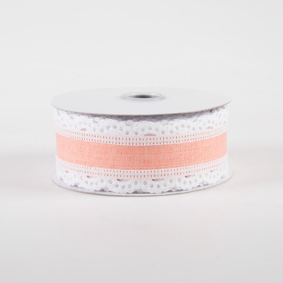 1.5" Scalloped Edge Ribbon: White & Peach (10 Yards)