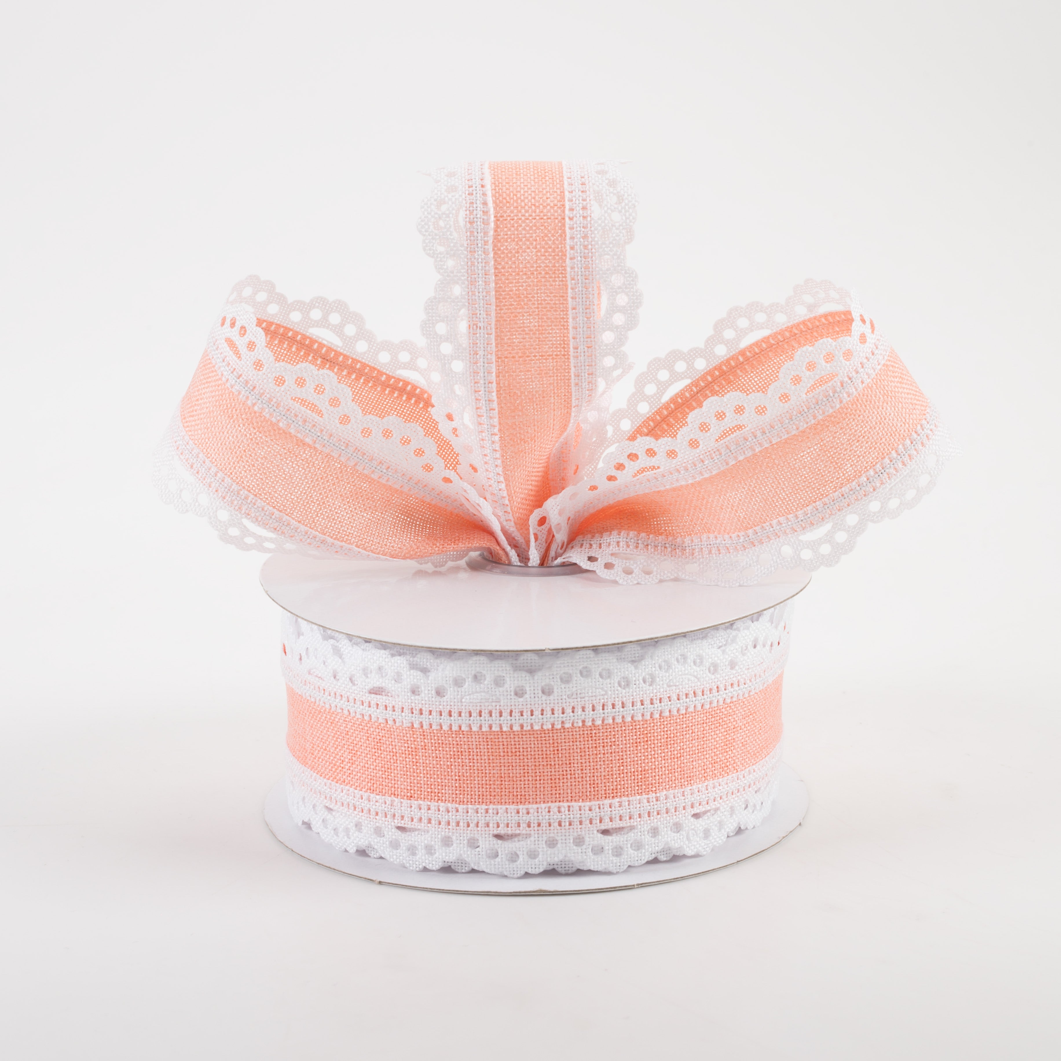 1.5" Scalloped Edge Ribbon: White & Peach (10 Yards)