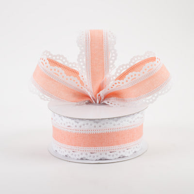 1.5" Scalloped Edge Ribbon: White & Peach (10 Yards)