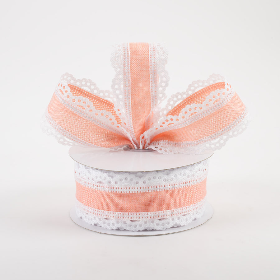1.5" Scalloped Edge Ribbon: White & Peach (10 Yards)