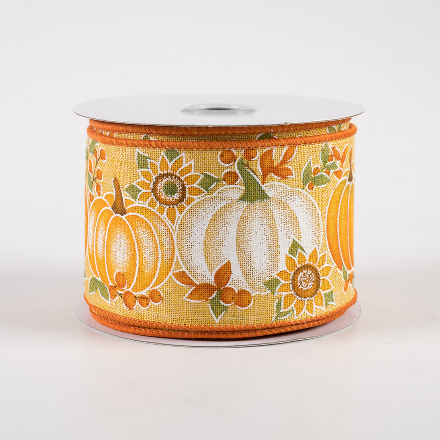 2.5" Pumpkins & Sunflowers Ribbon: Mustard, Brown, Orange, Yellow, Sage (10 Yards)