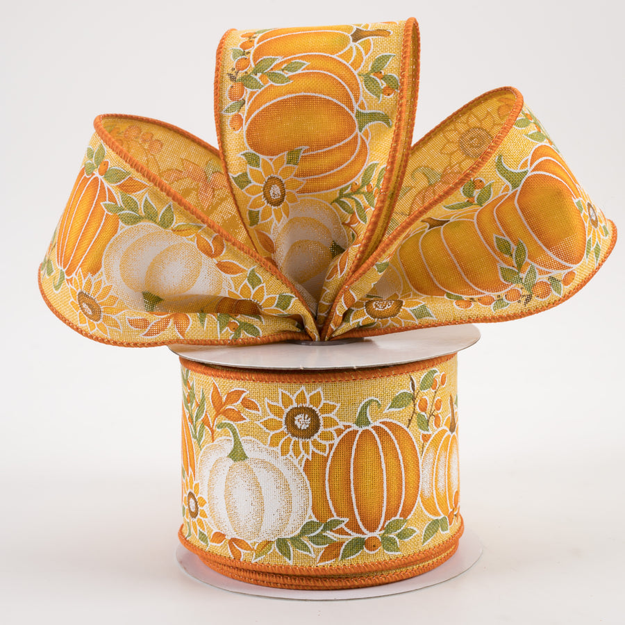 2.5" Pumpkins & Sunflowers Ribbon: Mustard, Brown, Orange, Yellow, Sage (10 Yards)
