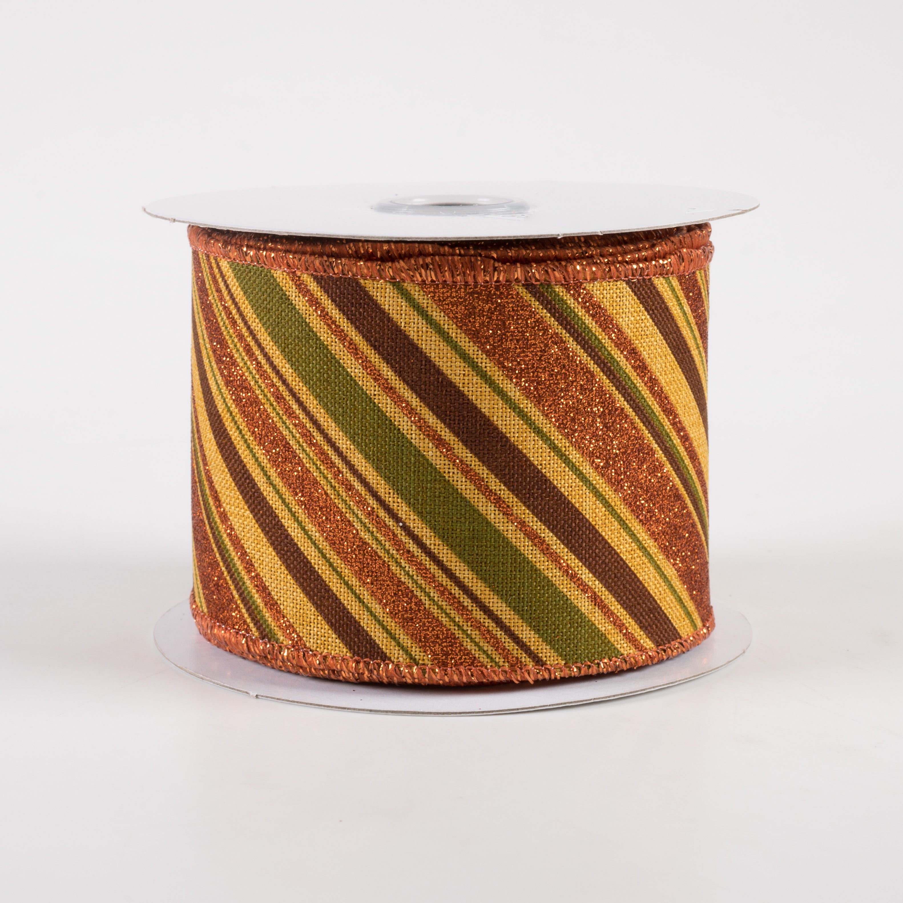 2.5" Diagonal Glitter Stripe Ribbon: Dark Mustard, Moss, Brown, Orange (10 Yards)