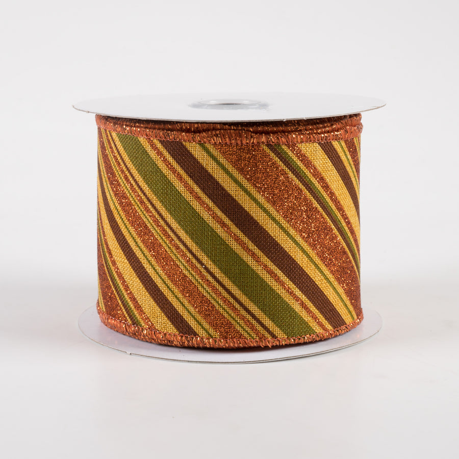2.5" Diagonal Glitter Stripe Ribbon: Dark Mustard, Moss, Brown, Orange (10 Yards)
