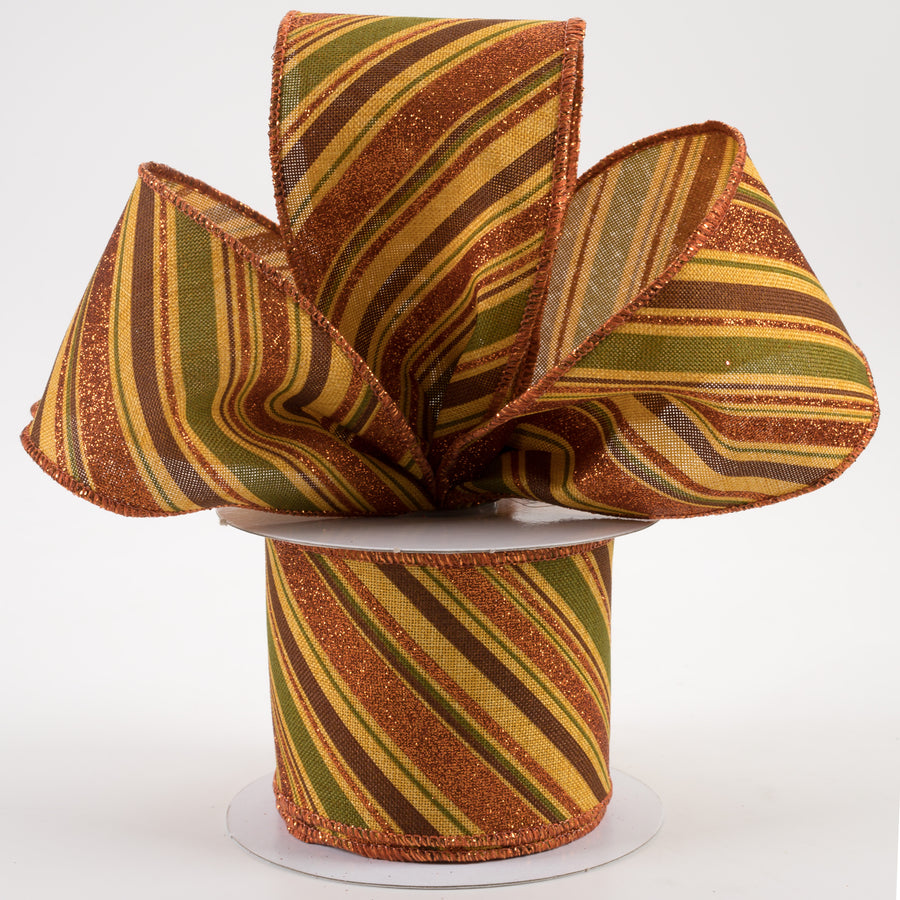 2.5" Diagonal Glitter Stripe Ribbon: Dark Mustard, Moss, Brown, Orange (10 Yards)