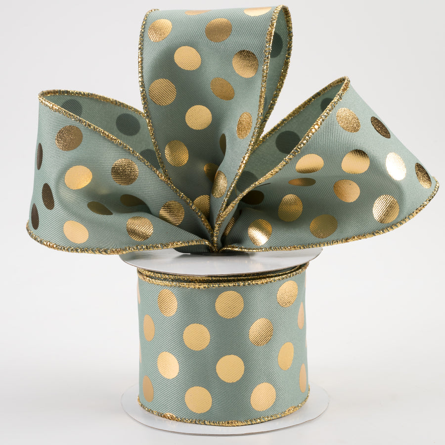 2.5" Metallic Polka Dots Ribbon: Sage Green & Gold (10 Yards)