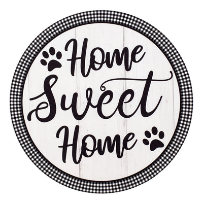 9.4" Round Waterproof Sign: Gingham Home Sweet Home Paws