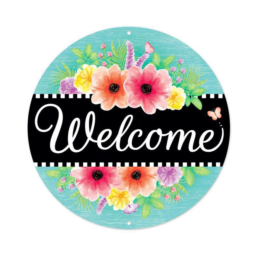 8" Metal Sign: Welcome with Flowers