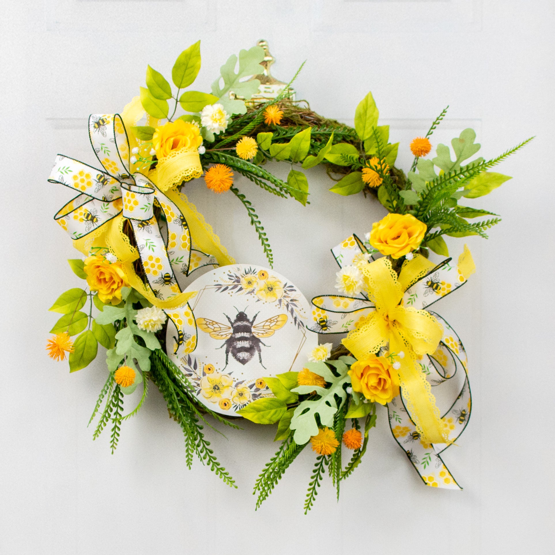 8" Metal Sign: Gold Foil Bee with Florals