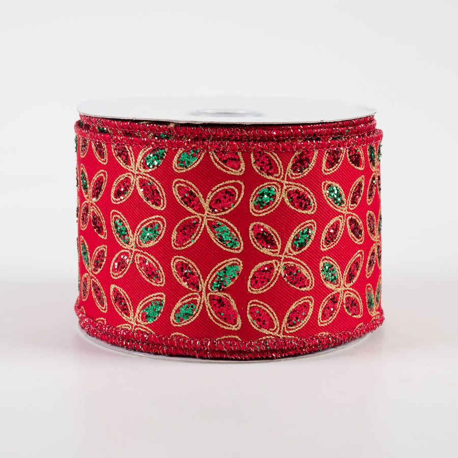 2.5" Quatrefoil Petals Ribbon: Red, Emerald, Gold (10 Yards)