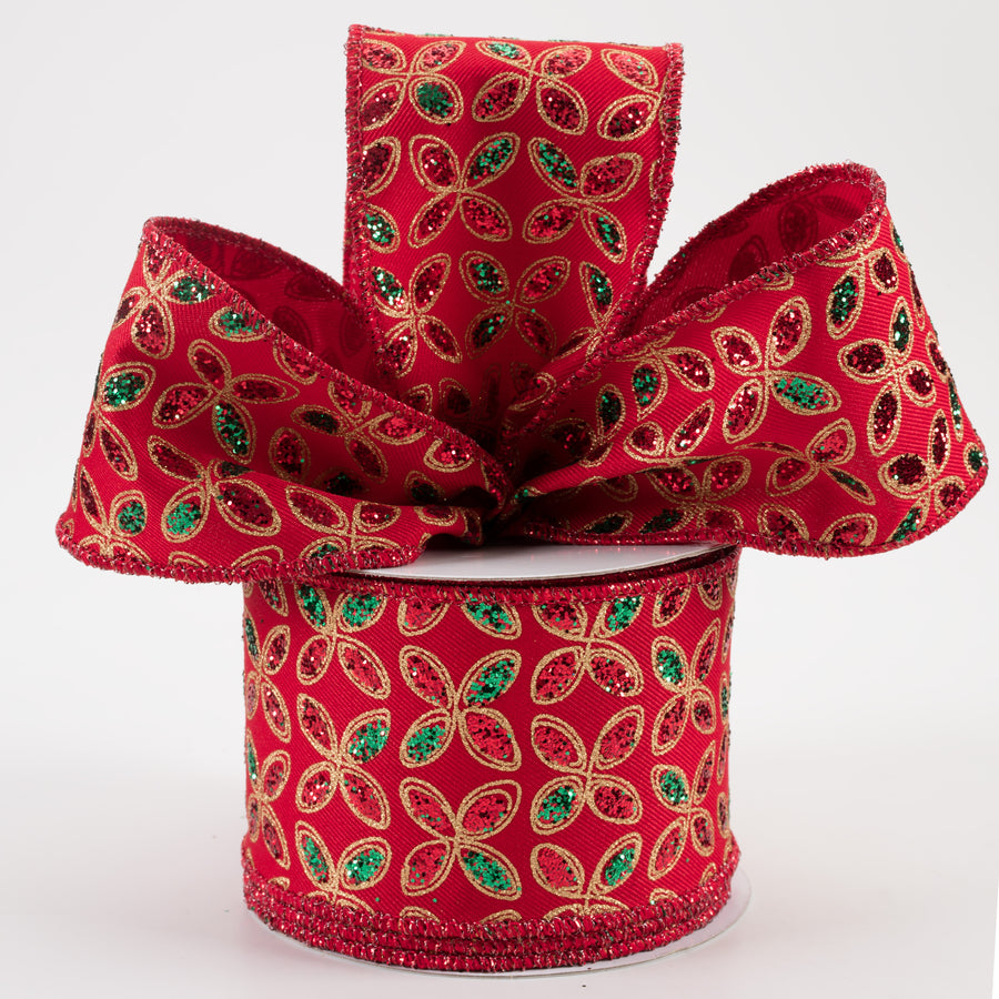 2.5" Quatrefoil Petals Ribbon: Red, Emerald, Gold (10 Yards)