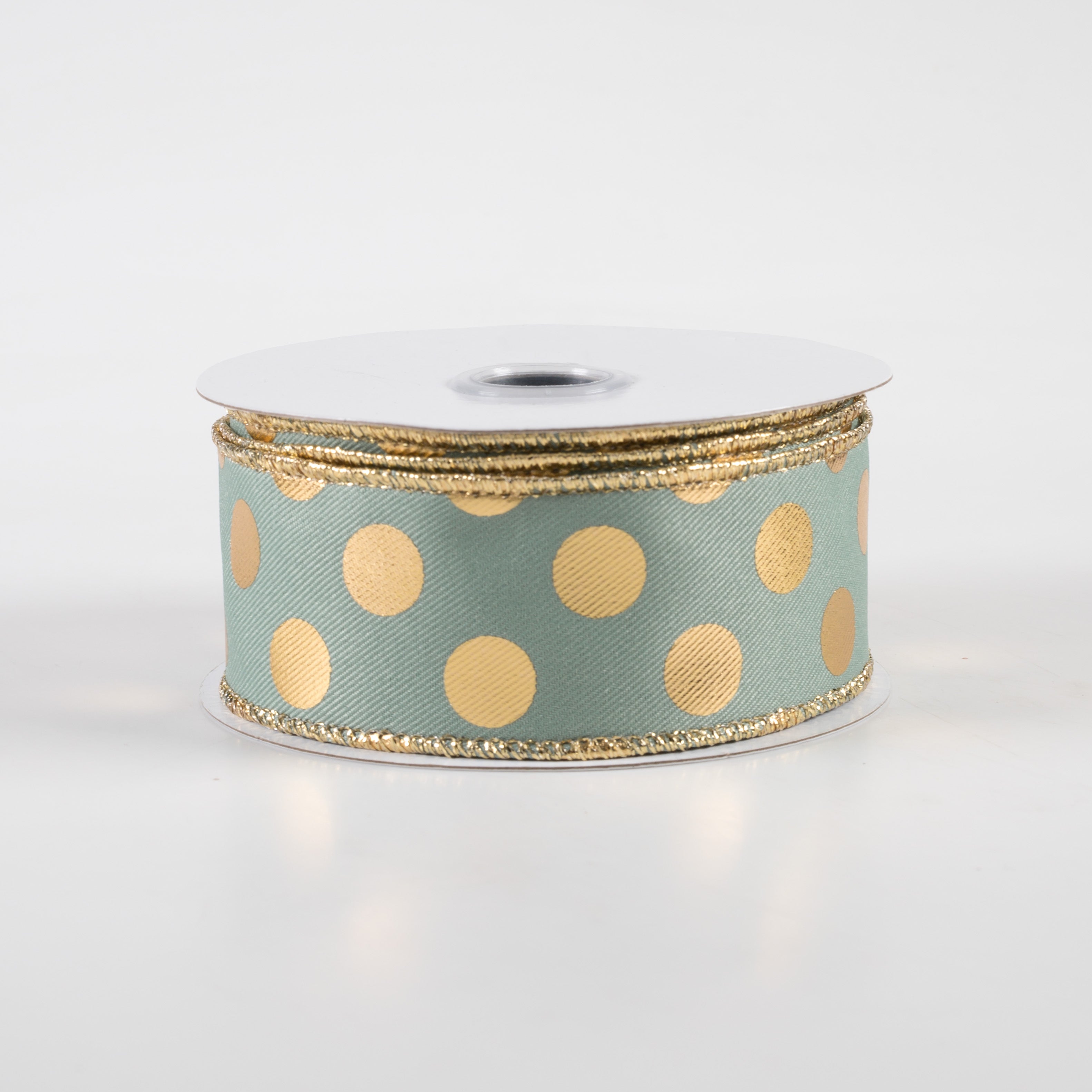 1.5" Metallic Polka Dots Ribbon: Sage Green & Gold (10 Yards)