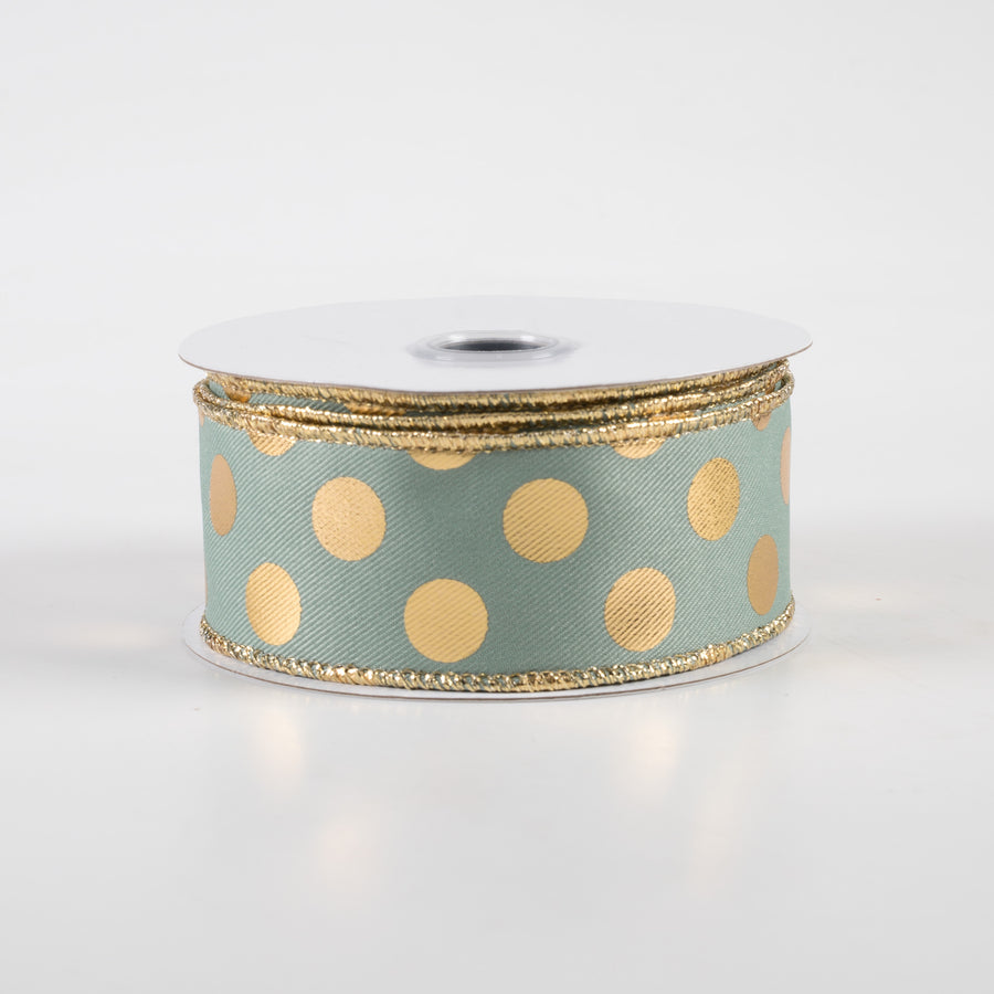 1.5" Metallic Polka Dots Ribbon: Sage Green & Gold (10 Yards)