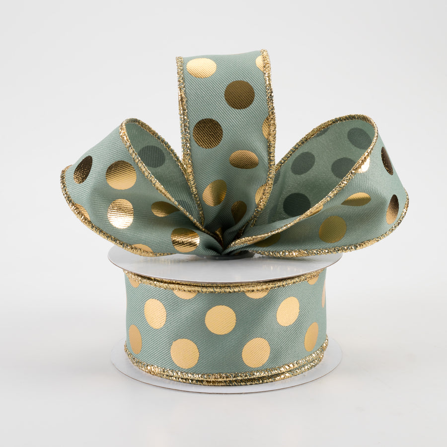 1.5" Metallic Polka Dots Ribbon: Sage Green & Gold (10 Yards)