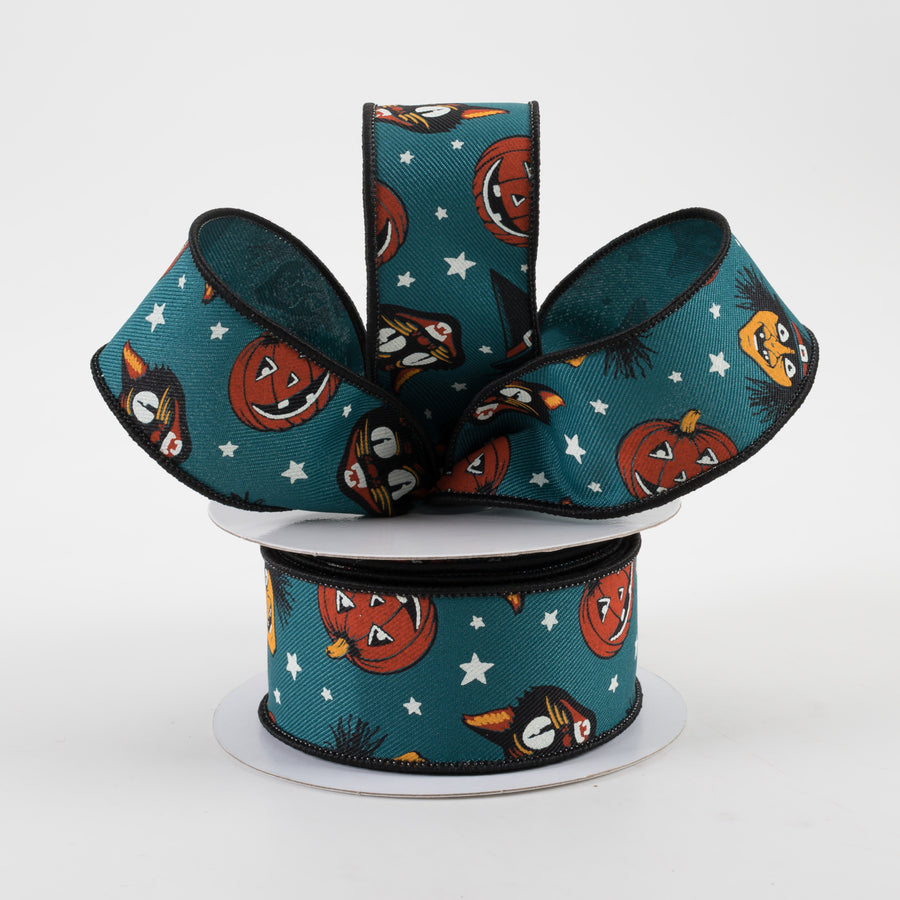 1.5" Vintage Cat, Witch, Jack-O-Lantern Ribbon: Dark Teal (10 Yards)