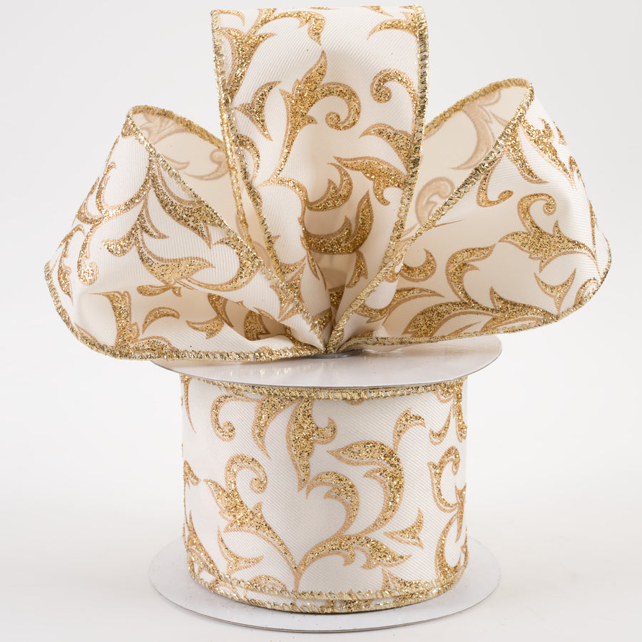 2.5" Acanthus Leaf Ribbon: Ivory & Gold (10 Yards)