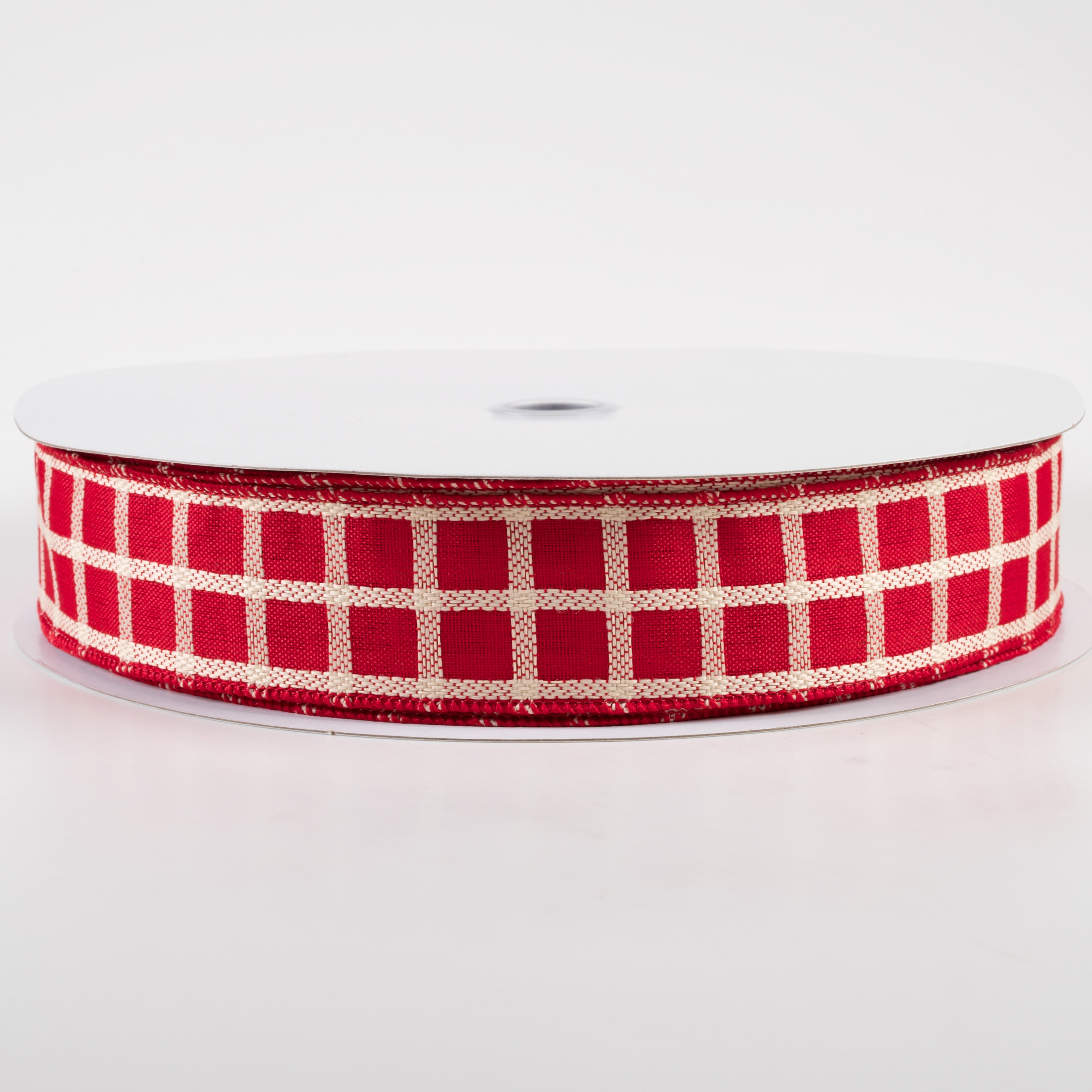 1.5" Woven Trellis Ribbon: Cream on Red (50 Yards)