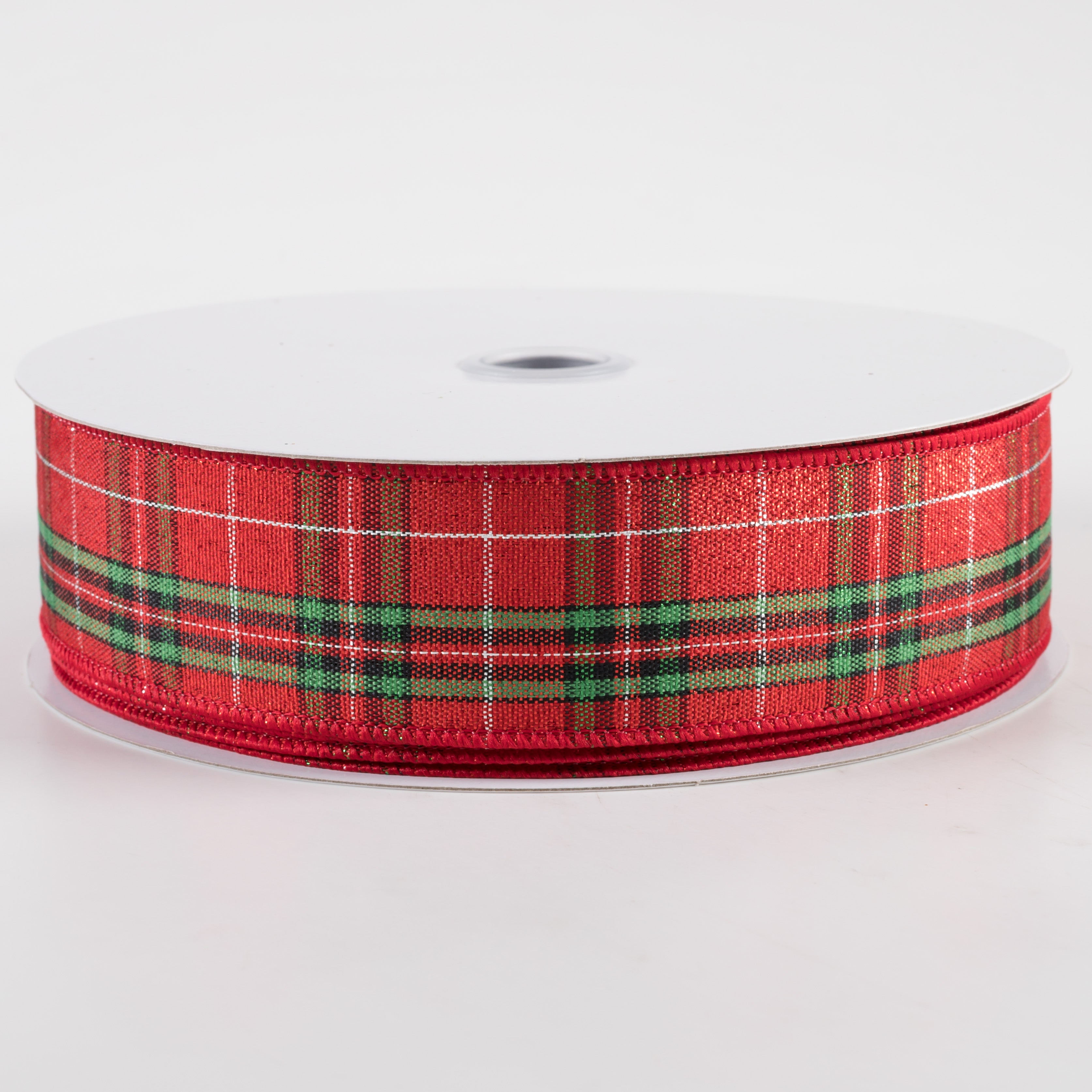 1.5" Woven Plaid Shimmer Ribbon: Red, Green, Gold (50 Yards)