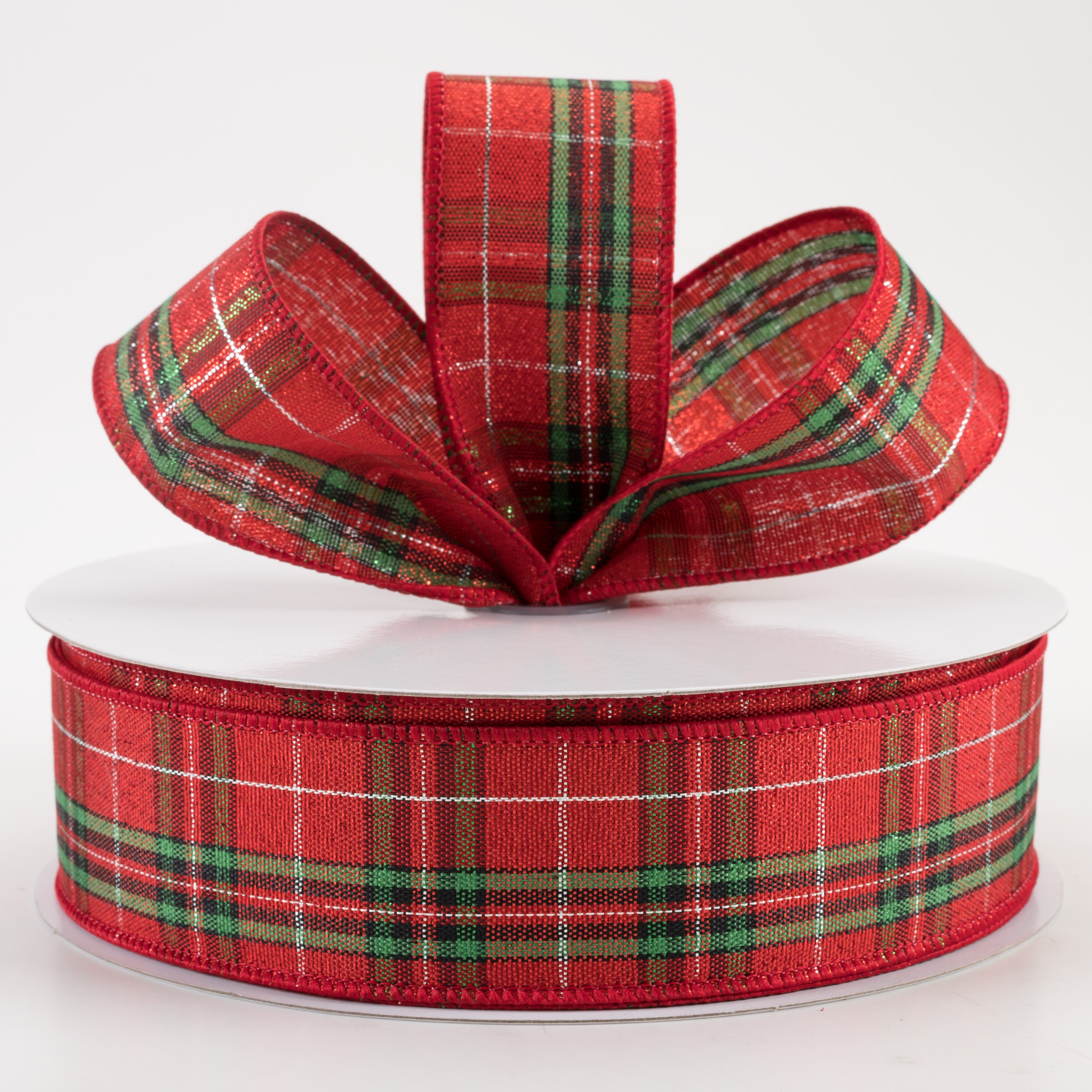 1.5" Woven Plaid Shimmer Ribbon: Red, Green, Gold (50 Yards)