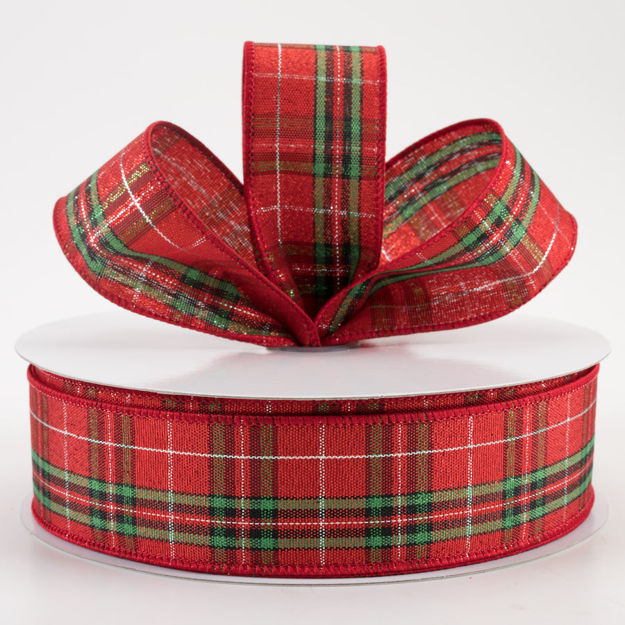 1.5" Woven Plaid Shimmer Ribbon: Red, Green, Gold (50 Yards)