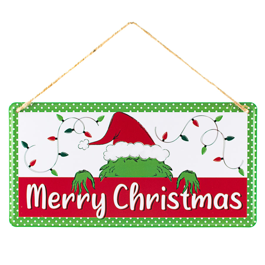 12" Embossed Metal Sign: Merry Christmas Green Monster