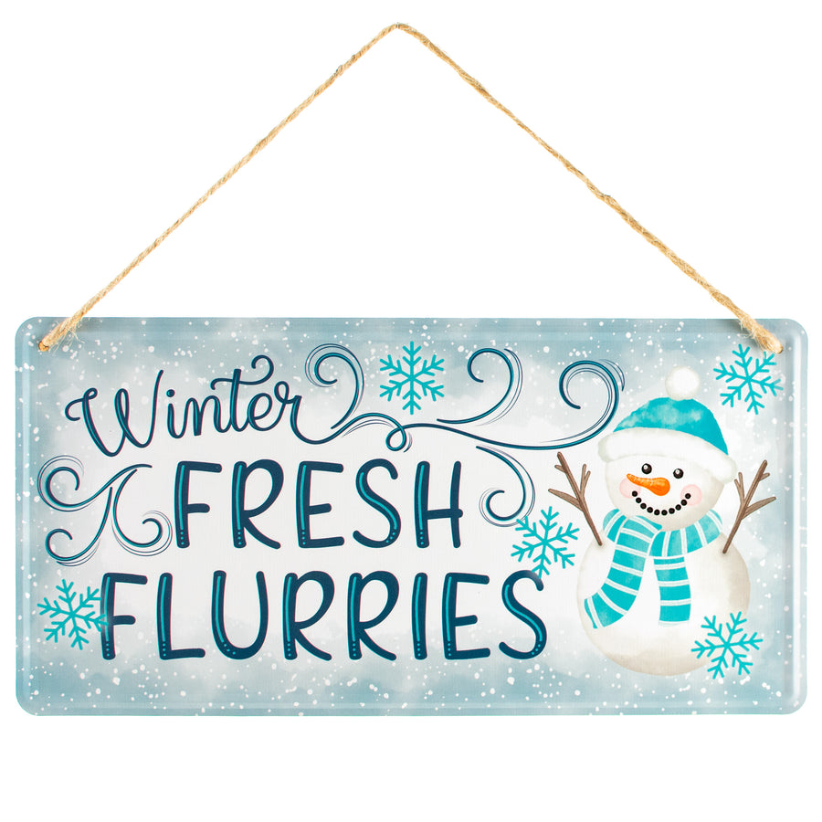 12" Embossed Metal Sign: Winter Fresh Flurries Snowman