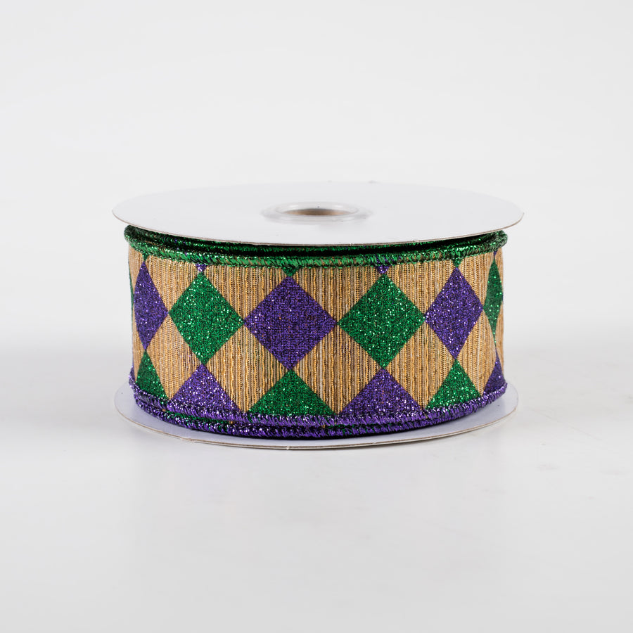 1.5" Glitter Diamond Check Woven Metallic Lines Ribbon: Antique Gold Mardi Gras (10 Yards)