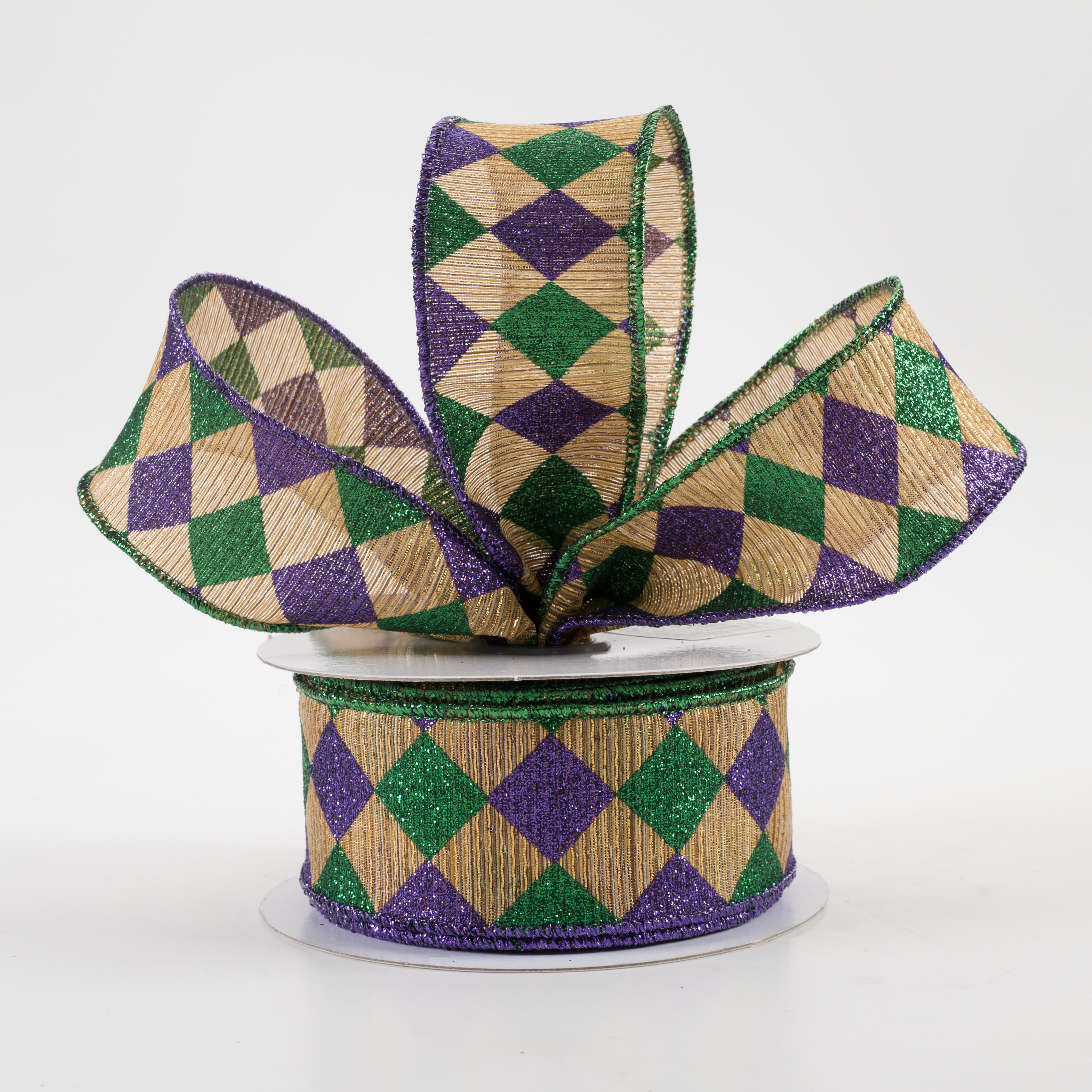 1.5" Glitter Diamond Check Woven Metallic Lines Ribbon: Antique Gold Mardi Gras (10 Yards)