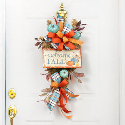 12" Embossed Metal Sign: Welcome Fall Pumpkins, Cream, Orange, Blue