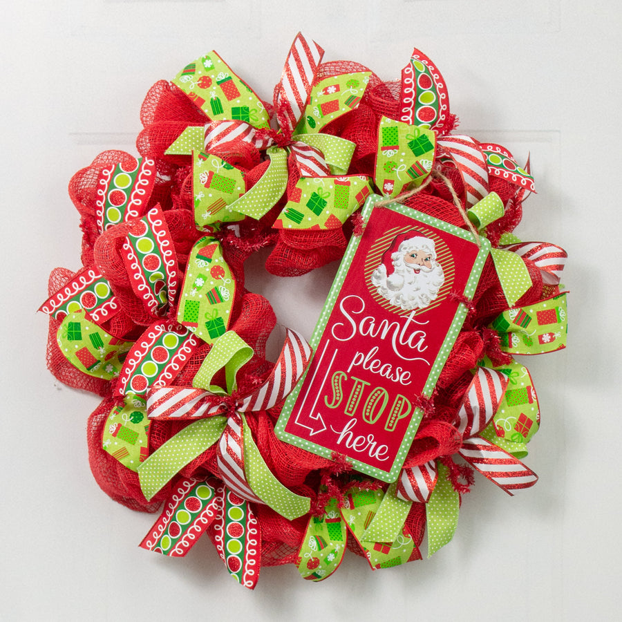 12" Embossed Metal Sign: Santa Please Stop Here